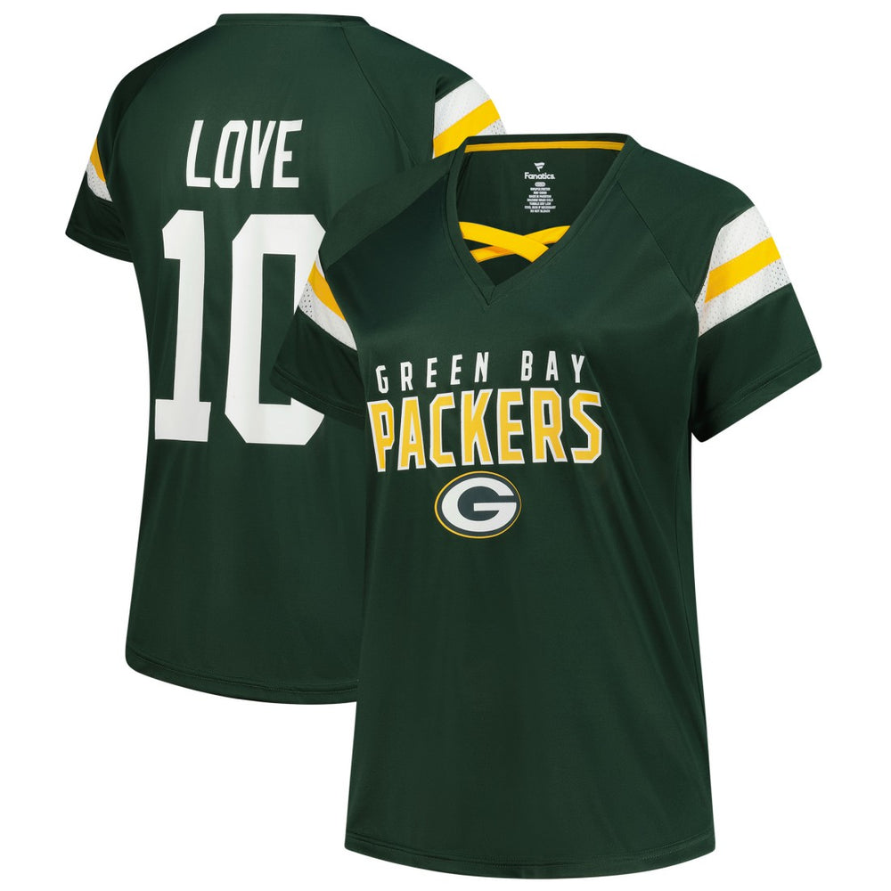Fanatics Jordan Love Green Bay Packers Women's Plus Size Name & Number Raglan Lace V-Neck T-Shirt Green