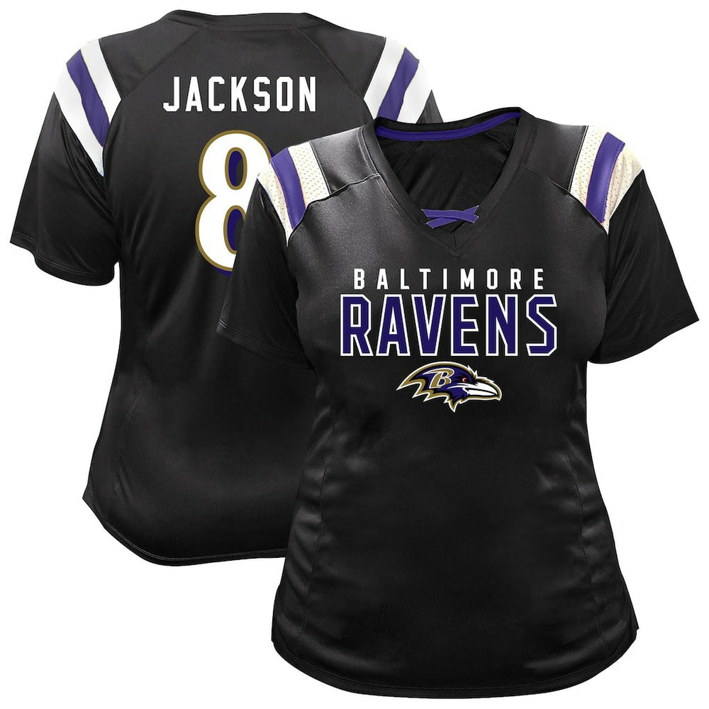 Fanatics Lamar Jackson Baltimore Ravens Women's Plus Size Name & Number Raglan Lace V-Neck T-Shirt Black