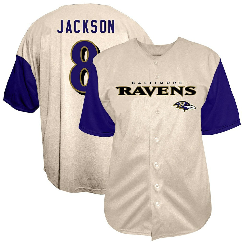 Fanatics Lamar Jackson Baltimore Ravens Big & Tall Baseball Button-Up Shirt Cream