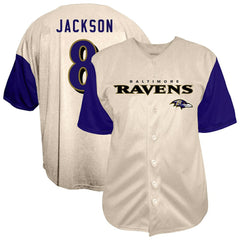 Fanatics Lamar Jackson Baltimore Ravens Big & Tall Baseball Button-Up Shirt Cream