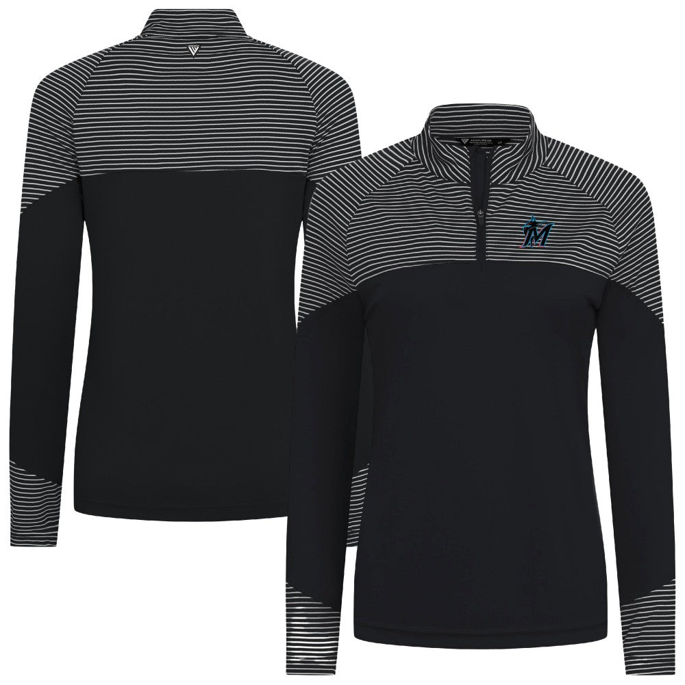 Miami Marlins Levelwear Women's Classic Stripes Insignia 2.0 Raglan Quarter-Zip Top - Black - MLB Lifestyle