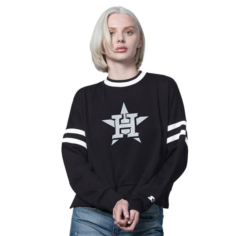 Houston Astros Starter Women's Rally Cropped Drop Shoulder Crewneck Sweatshirt - Black - MLB Lifestyle