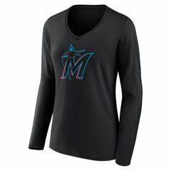 Miami Marlins Women's Logo Long Sleeve V-Neck T-Shirt - Black - MLB Online