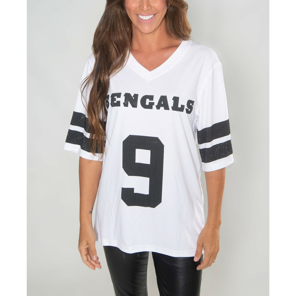 Joe Burrow Cincinnati Bengals Cuce Women's Crystal V-Neck Tunic White