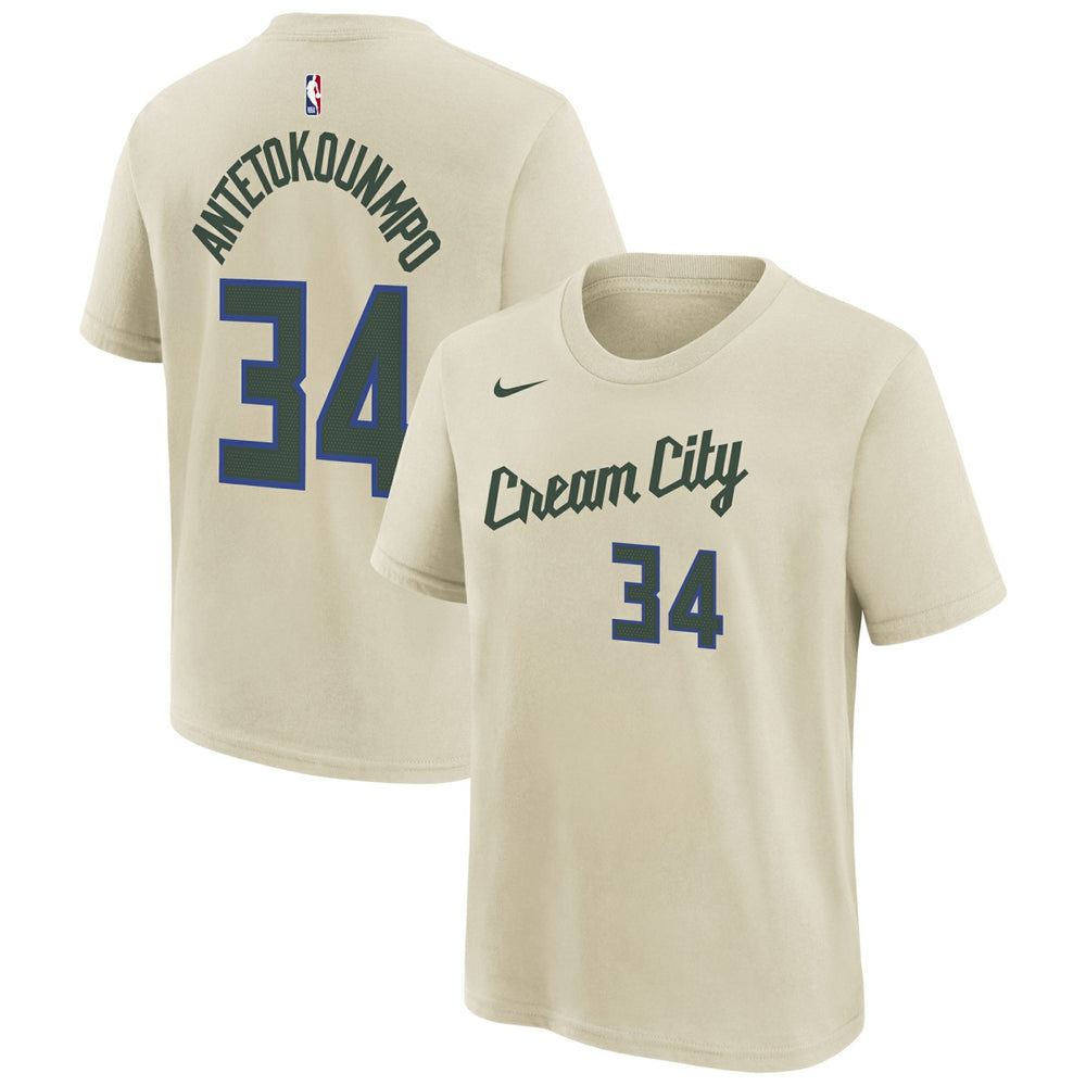 Giannis Antetokounmpo Milwaukee Bucks Youth 2025/26 City Edition Name & Number T-Shirt Cream | Nike outlet