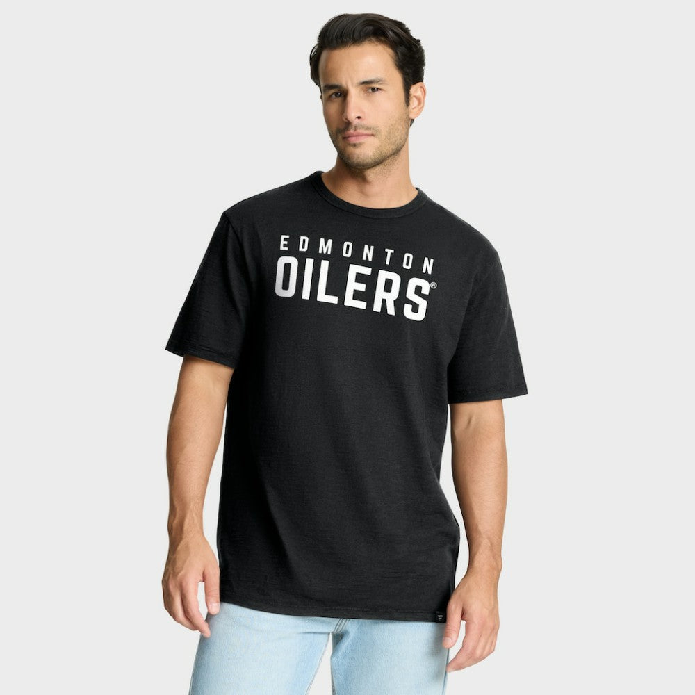 Edmonton Oilers Fanatics Play Distressed Wordmark Stadium Slub T-Shirt - Black - NHL 203024353