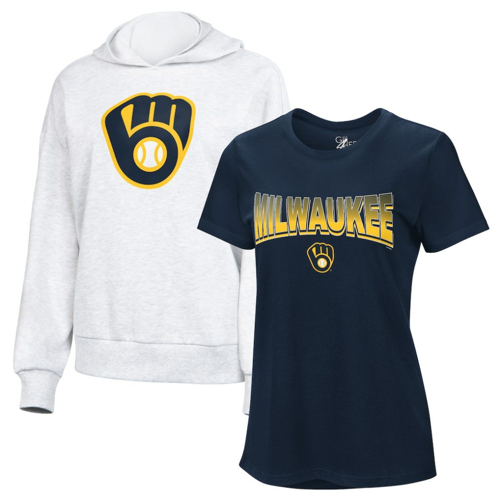 Milwaukee Brewers G-III 4Her by Carl Banks Women's T-Shirt and Hoodie Combo Pack - Navy/Bright Heather Ceramic - MLB Discount