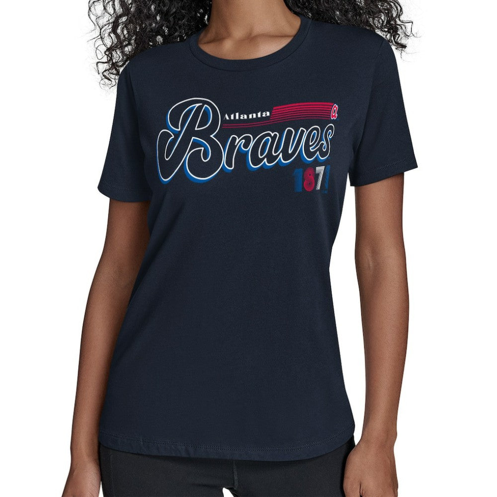 Atlanta Braves Starter Women's Groovy Script Team Fitted T-Shirt - Navy - MLB Sale