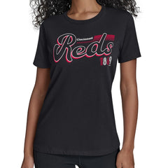 Cincinnati Reds Starter Women's Groovy Script Team Fitted T-Shirt - Black - MLB Online