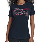 Minnesota Twins Starter Women's Groovy Script Team Fitted T-Shirt - Navy - MLB on Sale