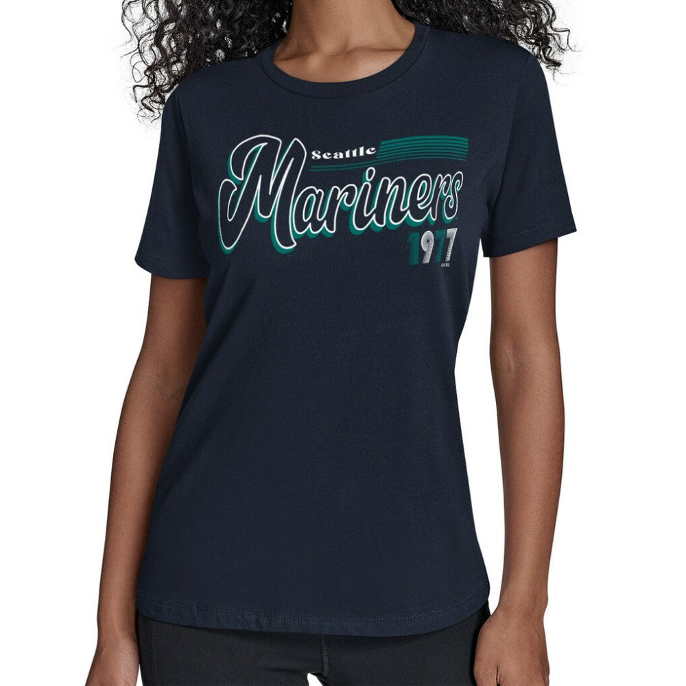 Seattle Mariners Starter Women's Groovy Script Team Fitted T-Shirt - Navy - MLB on Sale