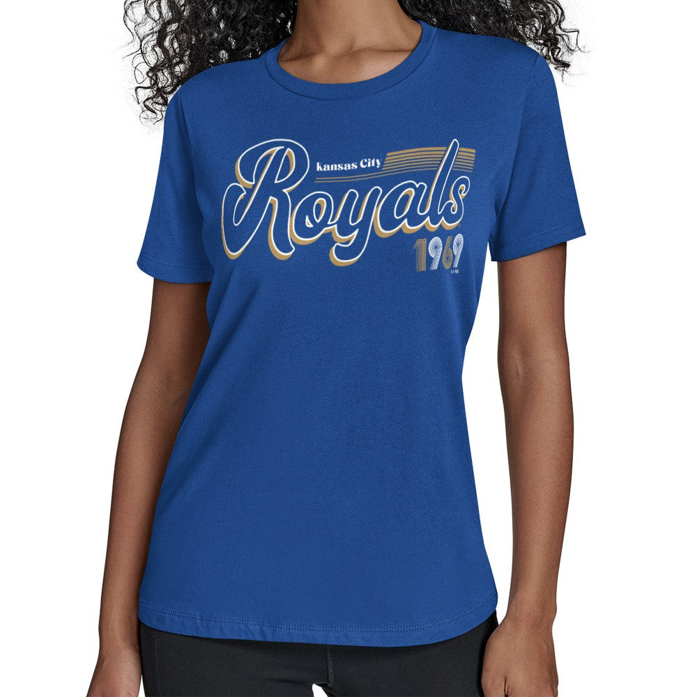 Kansas City Royals Starter Women's Groovy Script Team Fitted T-Shirt - Royal - MLB Sale