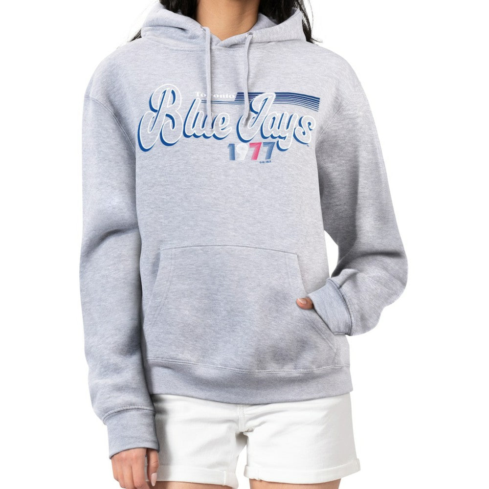 Toronto Blue Jays Starter Women's Groovy Script Team Fleece Pullover Hoodie - Gray - MLB Lifestyle