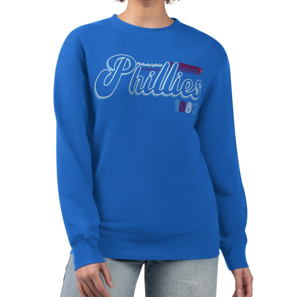 Philadelphia Phillies Starter Women's Groovy Script Team Fleece Pullover Sweatshirt - Royal - MLB Sale
