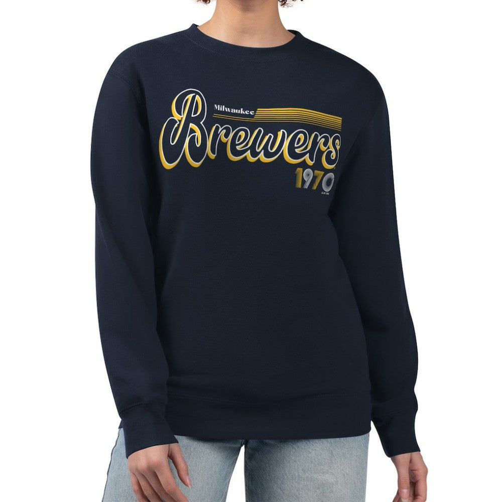 Milwaukee Brewers Starter Women's Groovy Script Team Fleece Pullover Sweatshirt - Navy - MLB Discount