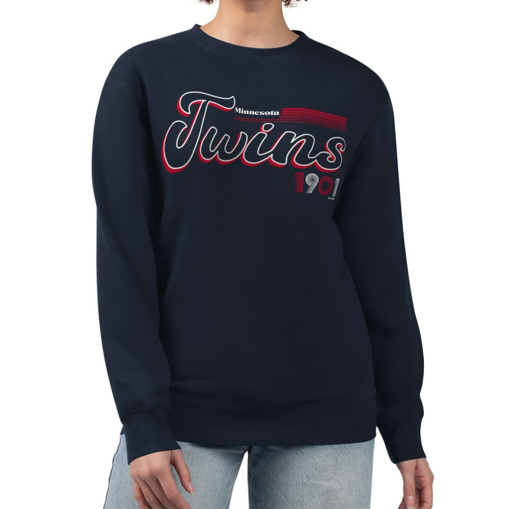 Minnesota Twins Starter Women's Groovy Script Team Fleece Pullover Sweatshirt - Navy - MLB on Sale