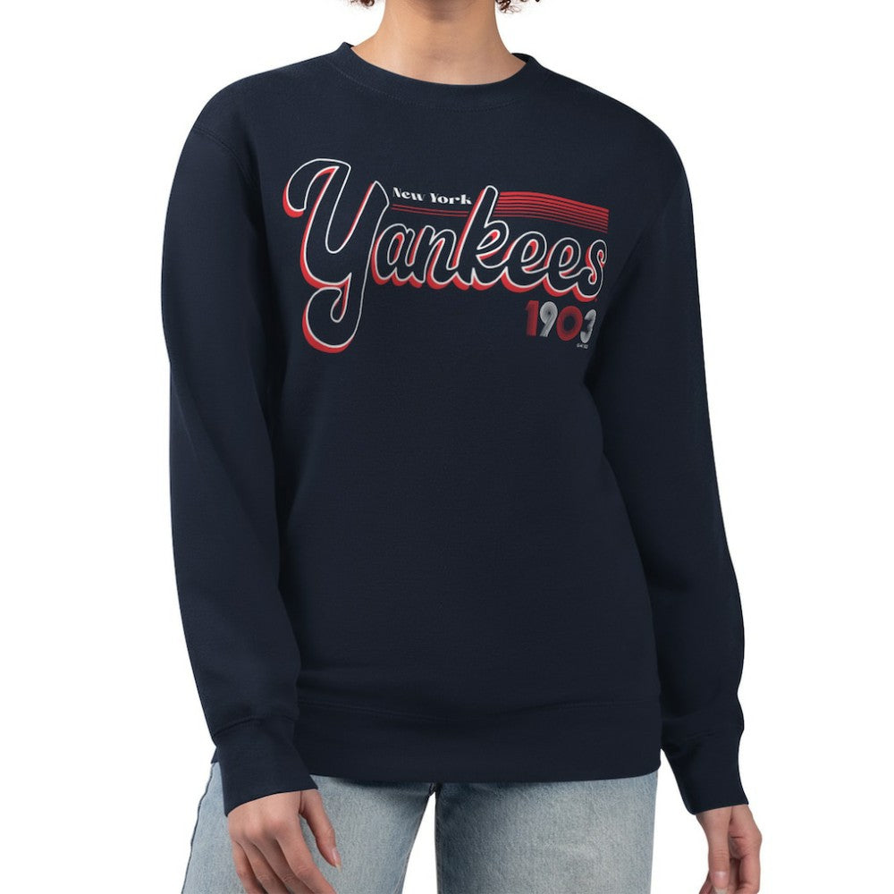 New York Yankees Starter Women's Groovy Script Team Fleece Pullover Sweatshirt - Navy - MLB Sale