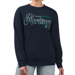 Seattle Mariners Starter Women's Groovy Script Team Fleece Pullover Sweatshirt - Navy - MLB on Sale