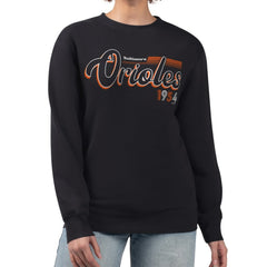 Baltimore Orioles Starter Women's Groovy Script Team Fleece Pullover Sweatshirt - Black - MLB Lifestyle
