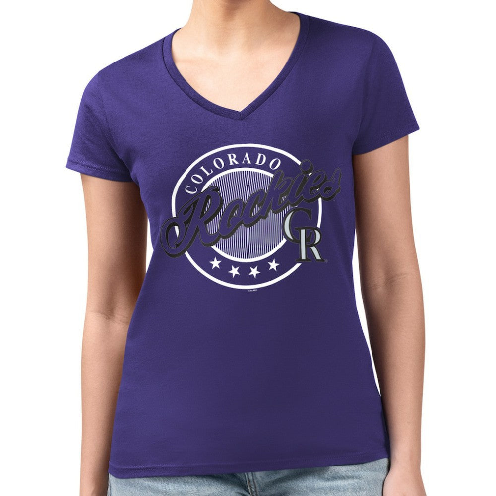 Colorado Rockies G-III 4Her by Carl Banks Women's Super-Slim Fit Lightweight Pinstripe Circle V-Neck T-Shirt - Purple - MLB Discount