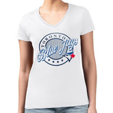Toronto Blue Jays G-III 4Her by Carl Banks Women's Super-Slim Fit Lightweight Pinstripe Circle V-Neck T-Shirt - White - MLB Online