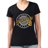 San Diego Padres G-III 4Her by Carl Banks Women's Super-Slim Fit Lightweight Pinstripe Circle V-Neck T-Shirt - Black - MLB on Sale