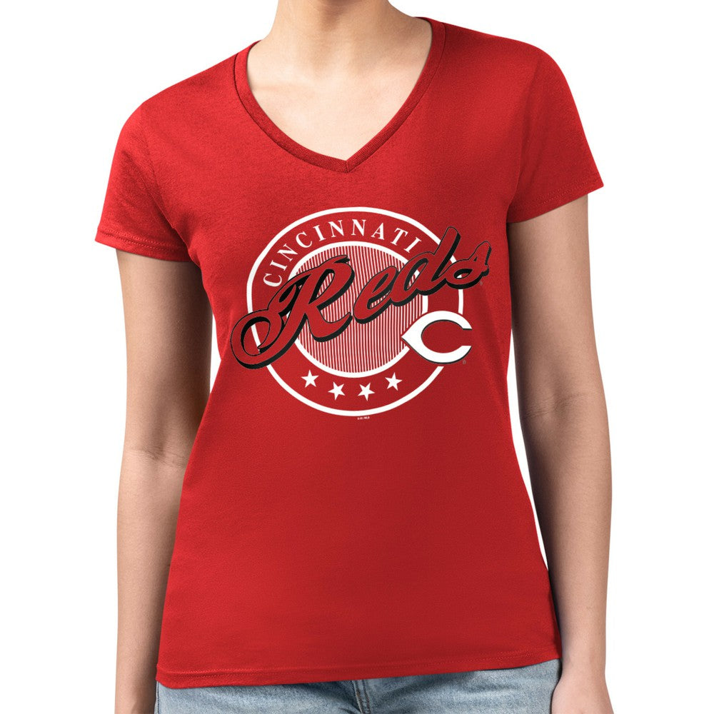 Cincinnati Reds G-III 4Her by Carl Banks Women's Super-Slim Fit Lightweight Pinstripe Circle V-Neck T-Shirt - Red - MLB Discount