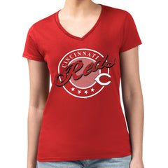 Cincinnati Reds G-III 4Her by Carl Banks Women's Super-Slim Fit Lightweight Pinstripe Circle V-Neck T-Shirt - Red - MLB Discount