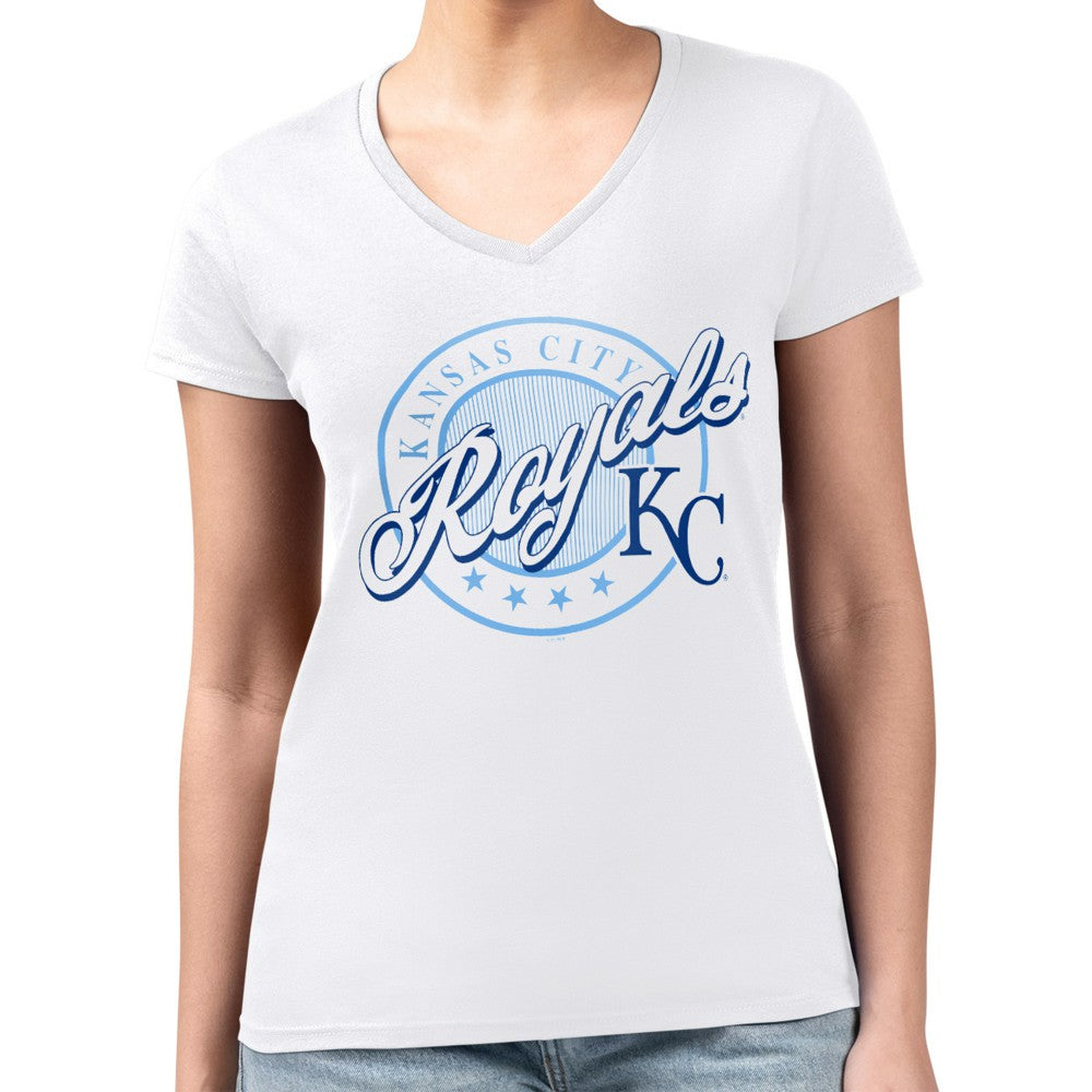 Kansas City Royals G-III 4Her by Carl Banks Women's Super-Slim Fit Lightweight Pinstripe Circle V-Neck T-Shirt - White - MLB Sale