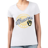 Milwaukee Brewers G-III 4Her by Carl Banks Women's Super-Slim Fit Lightweight Pinstripe Circle V-Neck T-Shirt - White - MLB Sale