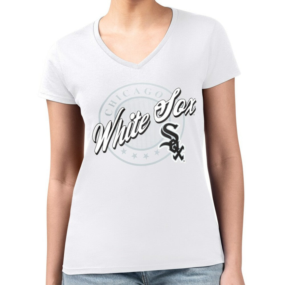 Chicago White Sox G-III 4Her by Carl Banks Women's Super-Slim Fit Lightweight Pinstripe Circle V-Neck T-Shirt - White - MLB Discount