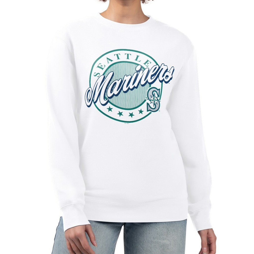 Seattle Mariners G-III 4Her by Carl Banks Women's Pinstripe Circle Team Fleece Pullover Sweatshirt - White - MLB Lifestyle