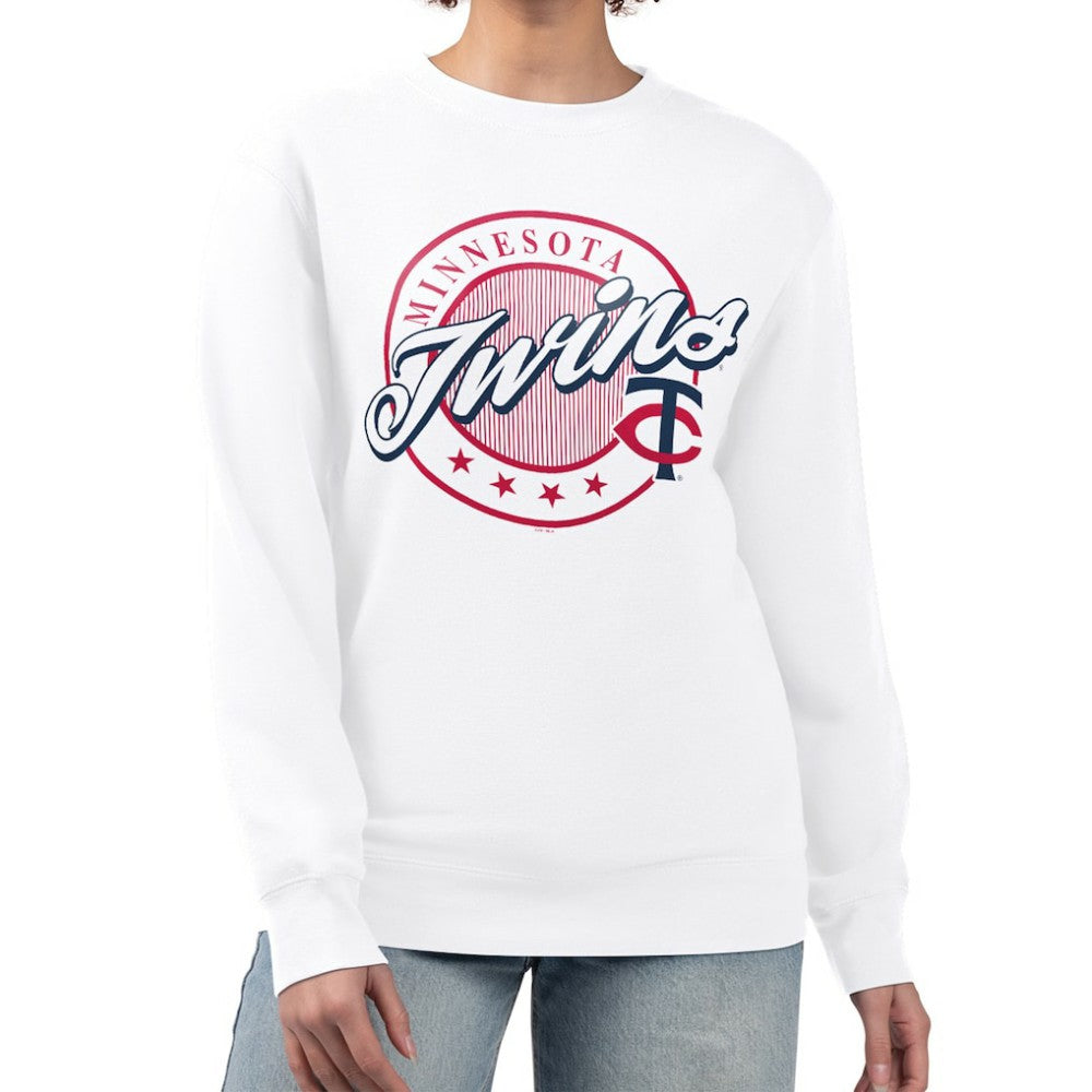 Minnesota Twins G-III 4Her by Carl Banks Women's Pinstripe Circle Team Fleece Pullover Sweatshirt - White - MLB Discount