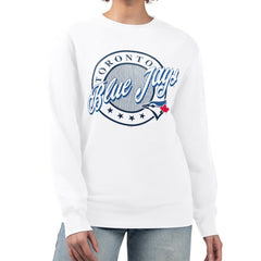 Toronto Blue Jays G-III 4Her by Carl Banks Women's Pinstripe Circle Team Fleece Pullover Sweatshirt - White - MLB Discount
