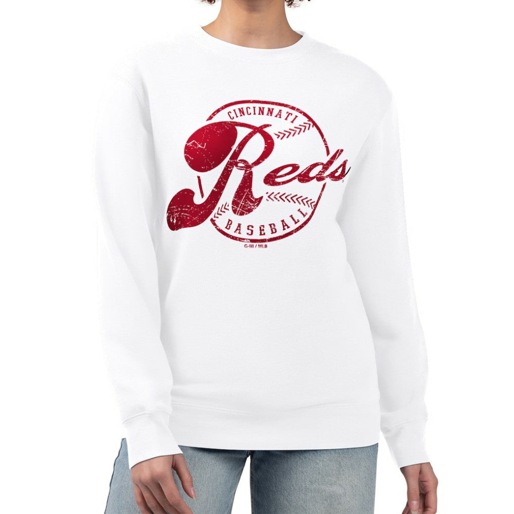 Cincinnati Reds G-III 4Her by Carl Banks Women's Distressed Baseball Team Fleece Pullover Sweatshirt - White - MLB on Sale