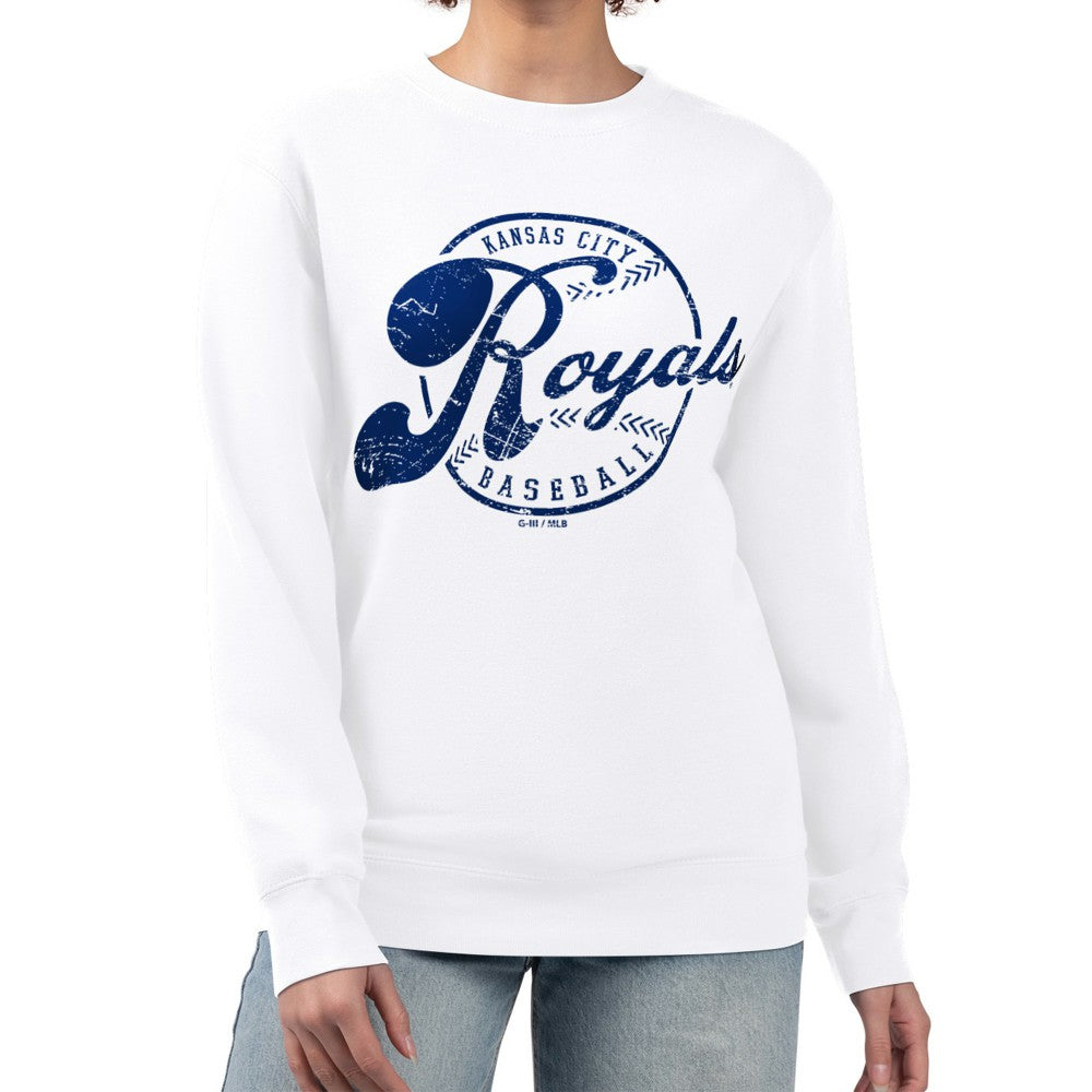 Kansas City Royals G-III 4Her by Carl Banks Women's Distressed Baseball Team Fleece Pullover Sweatshirt - White - MLB Lifestyle