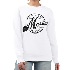 Miami Marlins G-III 4Her by Carl Banks Women's Distressed Baseball Team Fleece Pullover Sweatshirt - White - MLB Sale