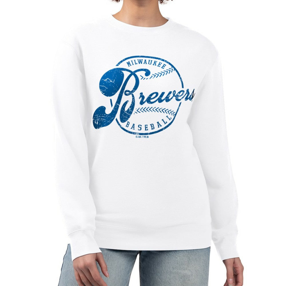 Milwaukee Brewers G-III 4Her by Carl Banks Women's Distressed Baseball Team Fleece Pullover Sweatshirt - White - MLB Online