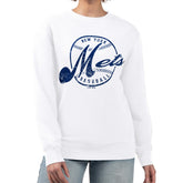 New York Mets G-III 4Her by Carl Banks Women's Distressed Baseball Team Fleece Pullover Sweatshirt - White - MLB on Sale