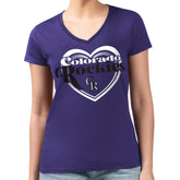Colorado Rockies G-III 4Her by Carl Banks Women's Super-Slim Fit Lightweight Double Heart V-Neck T-Shirt - Purple - MLB Lifestyle