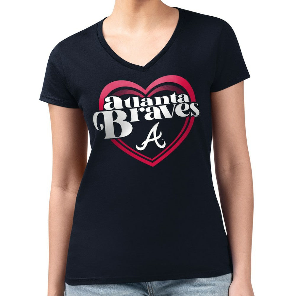 Atlanta Braves G-III 4Her by Carl Banks Women's Super-Slim Fit Lightweight Double Heart V-Neck T-Shirt - Navy - MLB Sale