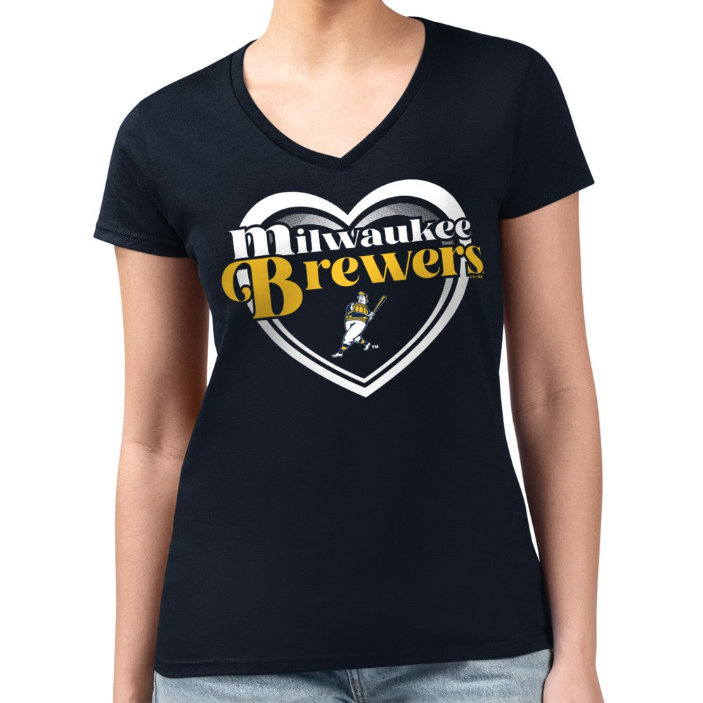 Milwaukee Brewers G-III 4Her by Carl Banks Women's Super-Slim Fit Lightweight Double Heart V-Neck T-Shirt - Navy - MLB Discount