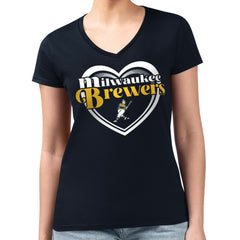Milwaukee Brewers G-III 4Her by Carl Banks Women's Super-Slim Fit Lightweight Double Heart V-Neck T-Shirt - Navy - MLB Discount