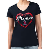 Los Angeles Angels G-III 4Her by Carl Banks Women's Super-Slim Fit Lightweight Double Heart V-Neck T-Shirt - Navy - MLB Discount
