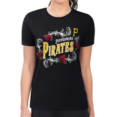 Pittsburgh Pirates G-III 4Her by Carl Banks Women's Super-Slim Fit Lightweight Retro Roses T-Shirt - Black - MLB Lifestyle