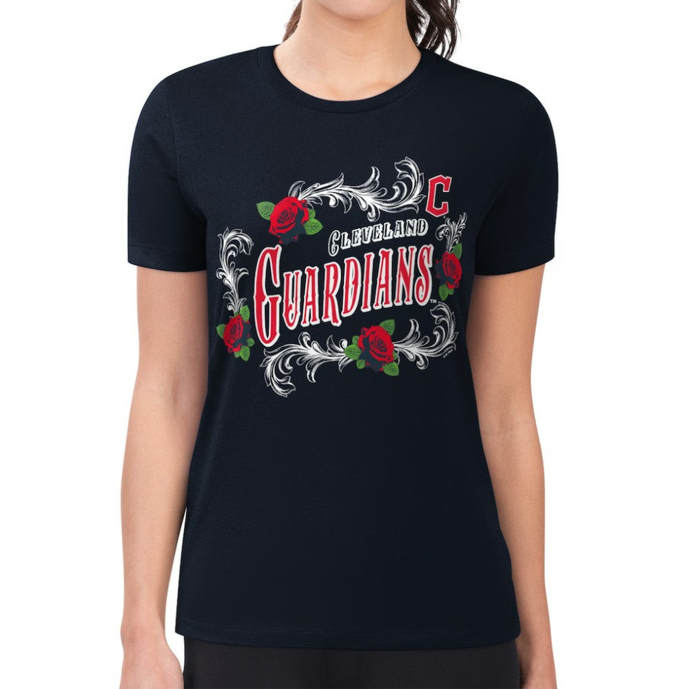 Cleveland Guardians G-III 4Her by Carl Banks Women's Super-Slim Fit Lightweight Retro Roses T-Shirt - Navy - MLB on Sale