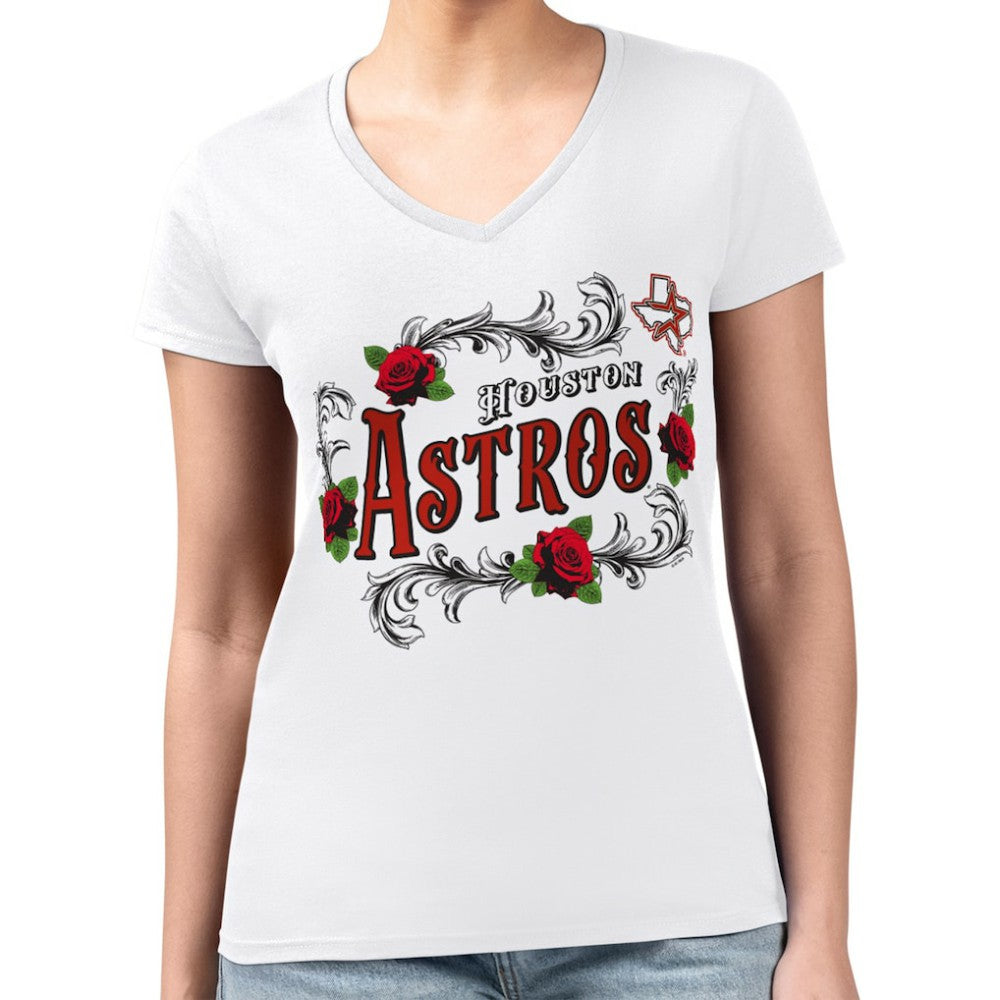 Houston Astros G-III 4Her by Carl Banks Women's Super-Slim Fit Lightweight Retro Roses V-Neck T-Shirt - White - MLB Discount