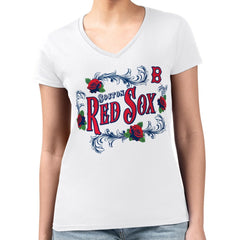 Boston Red Sox G-III 4Her by Carl Banks Women's Super-Slim Fit Lightweight Retro Roses V-Neck T-Shirt - White - MLB on Sale