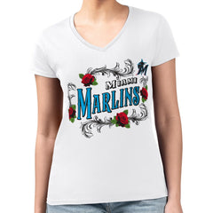 Miami Marlins G-III 4Her by Carl Banks Women's Super-Slim Fit Lightweight Retro Roses V-Neck T-Shirt - White - MLB on Sale