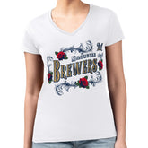 Milwaukee Brewers G-III 4Her by Carl Banks Women's Super-Slim Fit Lightweight Retro Roses V-Neck T-Shirt - White - MLB Lifestyle